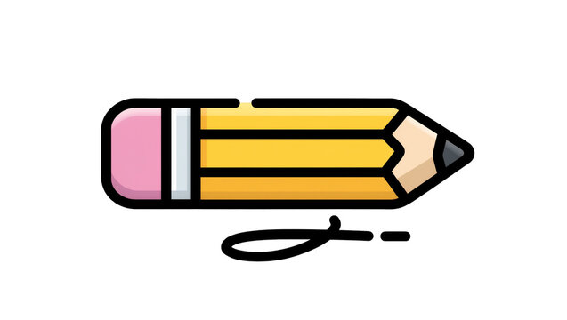Yellow pencil with pink eraser drawing a signature, isolated on transparent background