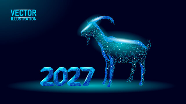 Glowing cyan low-poly goat with 2027 text embroidery design. Futuristic geometric wireframe style. Fashion clothing patches stickers print. Dark blue background vector illustration.