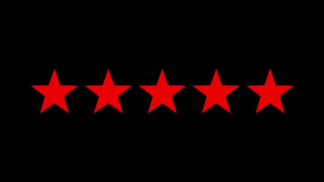 A row of five bright red five-pointed stars is displayed against a deep black background, with the rightmost star emitting a thin, glowing neon pink light beam upwards. Keywords: star, stars, red