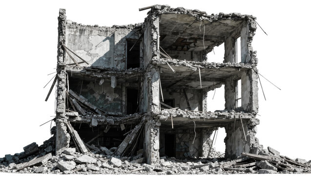 Ruined concrete building structure with debris and exposed rebar, isolated on transparent background