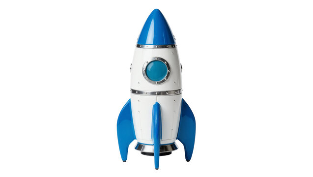 Retro white and blue rocket ship with round window, isolated on transparent background