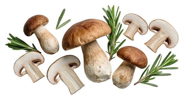 Fresh porcini mushrooms and sliced cremini mushrooms with rosemary sprigs, isolated on transparent background