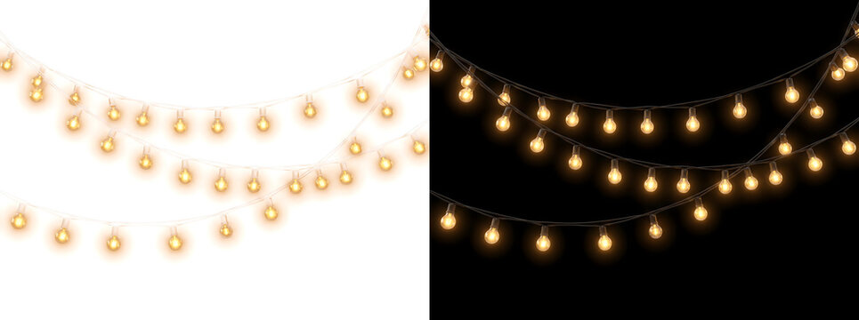 String lights of warm glowing bulbs hanging in curved garland with PNG, Transparent and Black Background Versions