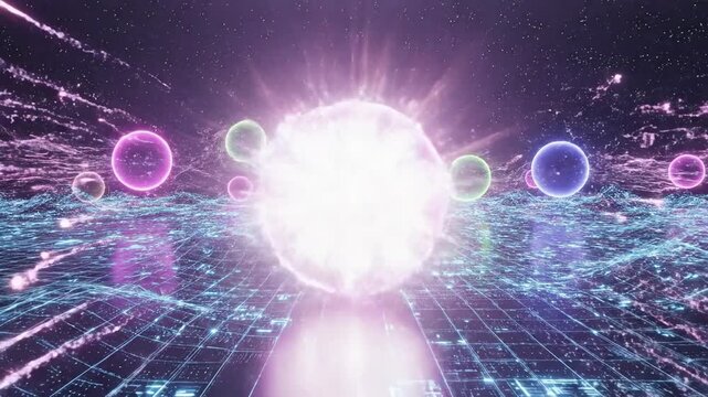A mesmerizing digital landscape filled with vibrant, glowing orbs and a shimmering grid, creating a futuristic atmosphere of cosmic beauty and endless possibilities.