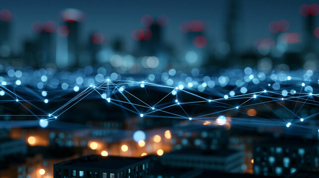 Abstract visualization of a smart city skyline overlaid with glowing data streams and network connections, urban technology infrastructure concept, with copy space