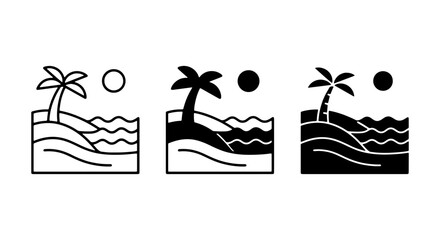 Tropical Beach Icons: Palm Tree, Ocean Waves, Sun, Set of 3 Styles, Vector Graphics for Summer Travel and Vacation Themes © Mahfuj Hussain
