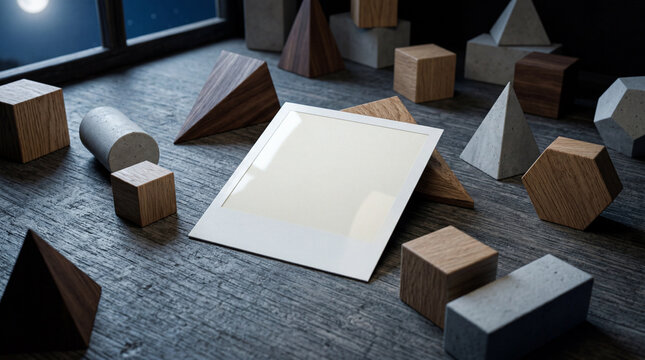 Still Life Blank Instant Photo Frame With Geometric Blocks For Mockup