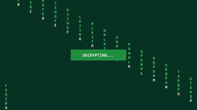 Digital loading screen with falling green letter columns and decrypting message