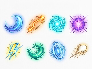 Fototapeta premium Eight vibrant elemental and magical spell effects, including water, fire, wind, lightning, and energy bursts, on a white background.