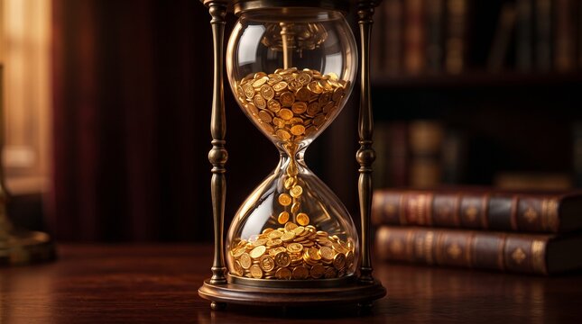 Vintage hourglass filling with golden coins on a wooden desk inside a library
