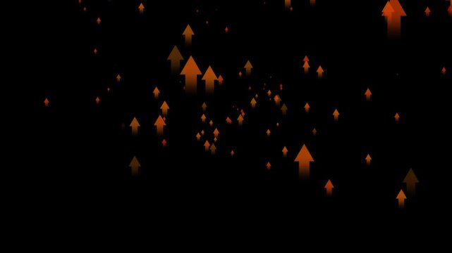 A dynamic composition of numerous small to medium-sized orange and red gradient arrows pointing upwards, scattered across a dark black background, creating a sense of upward movement and growth