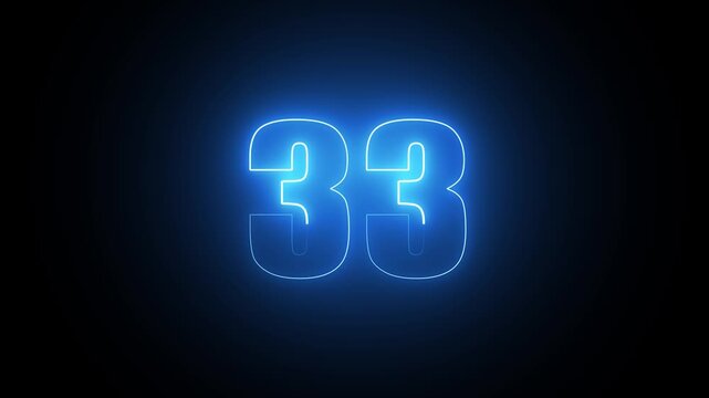 Glowing blue neon sign with the number thirty three isolated on a dark black background
