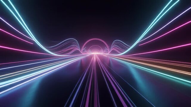 Vibrant neon tunnel with dynamic colorful waves for immersive visual experience and futuristic digital art