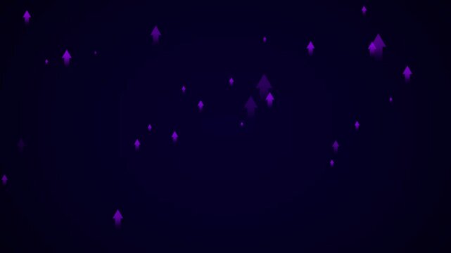 A collection of small to large purple gradient arrows are scattered across a deep dark blue background, all pointing upwards, creating a visual representation of upward momentum and progress