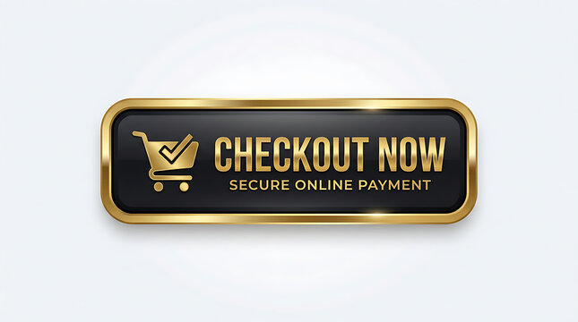 Golden checkout now button with shopping cart icon and secure online payment text on black background