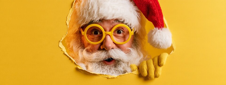 Santa peeking through yellow paper with wide eyes