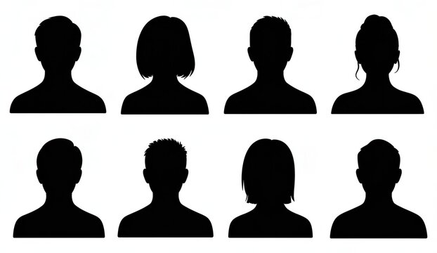 Set of eight black silhouette portraits of diverse people isolated on a white background