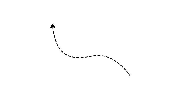 A simple black dashed line arrow curves upwards and then to the right against a stark white background indicating direction or progress with a clear and minimalist for conceptual use
