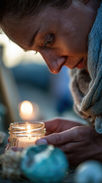 Woman holding lit candle, lost in thought and memory
