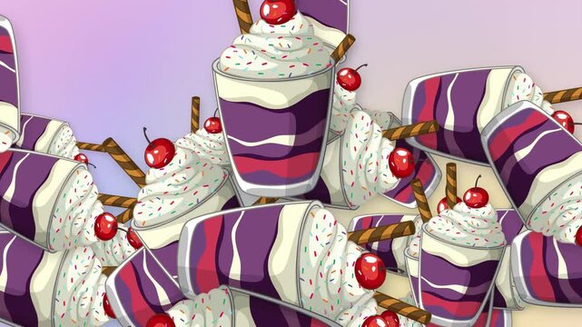Animated Bursting Dessert Cups and Milkshakes on Gradient Mesh Background