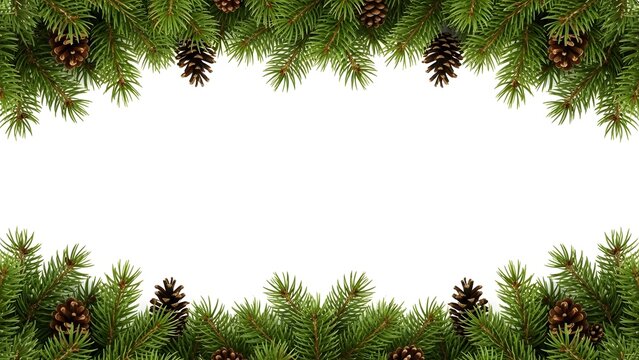 Christmas pine tree branches frame with dark pine cones for holiday greeting card design