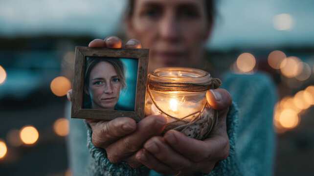 Woman holding photo and candle, remembering lost loved one