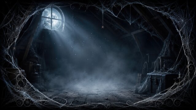 Dark spooky attic room covered with spider webs and moonlight through window. Empty haunted interior with fog and old chest.