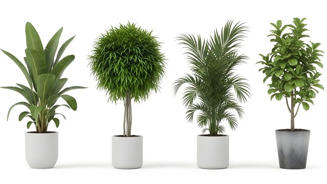 Set of four different green indoor house plants growing in simple ceramic flower pots