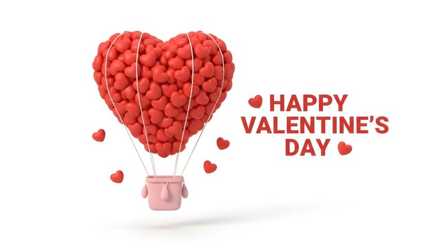 Red heart shaped hot air balloon with happy valentines day text for romantic celebration
