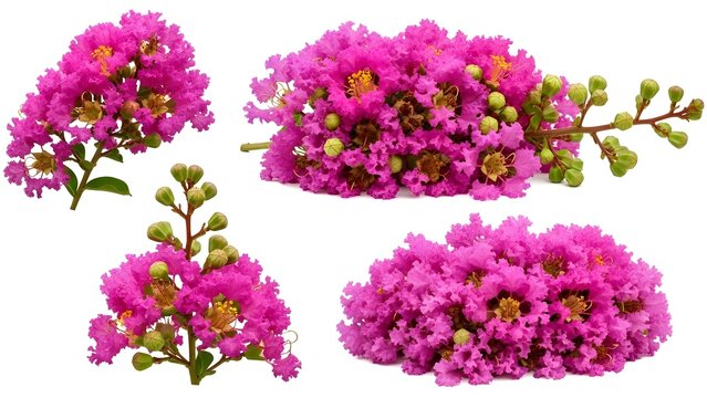 Set of bright pink crape myrtle flower clusters with green buds and stems
