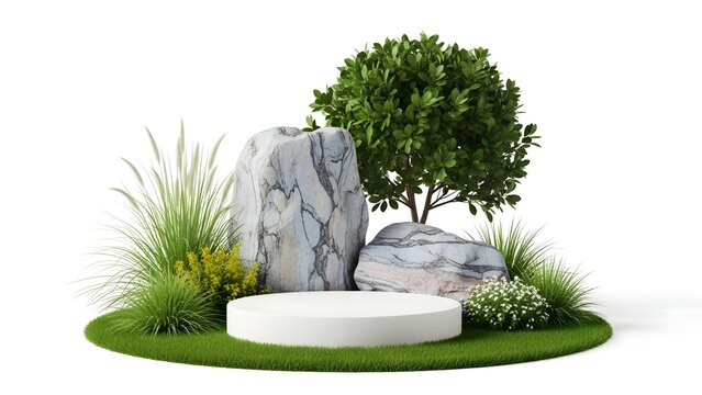 Round podium display stand with rocks and green plants for product presentation