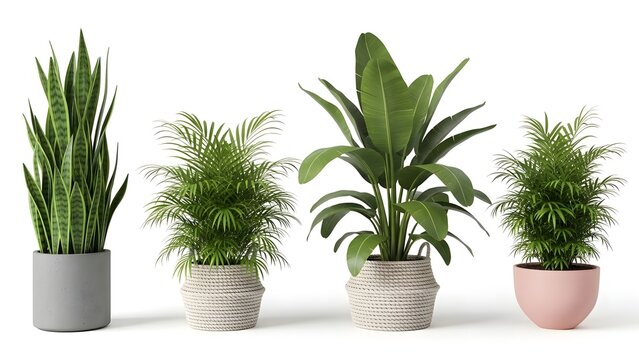Set of four green indoor house plants growing in various decorative ceramic flower pots