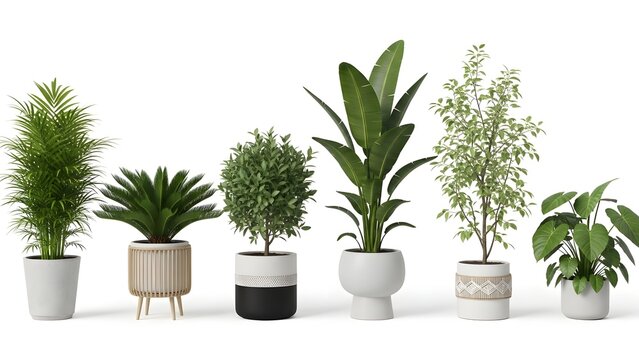 Set of various green indoor house plants in modern ceramic pots for home decoration