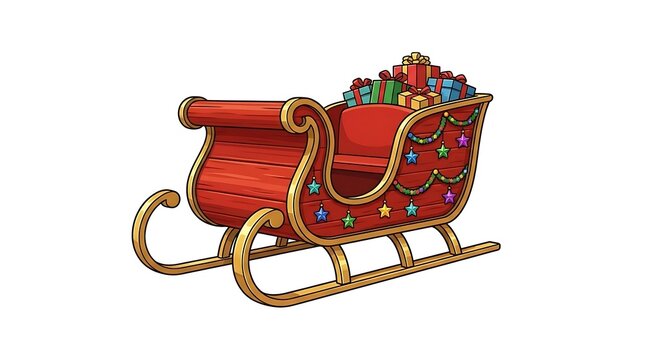Red Christmas sleigh filled with holiday gifts.