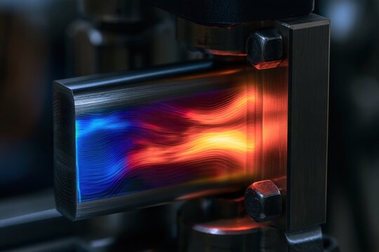Advanced stress analysis on a metal bar showing colorful thermal simulation lines and heat distribution.