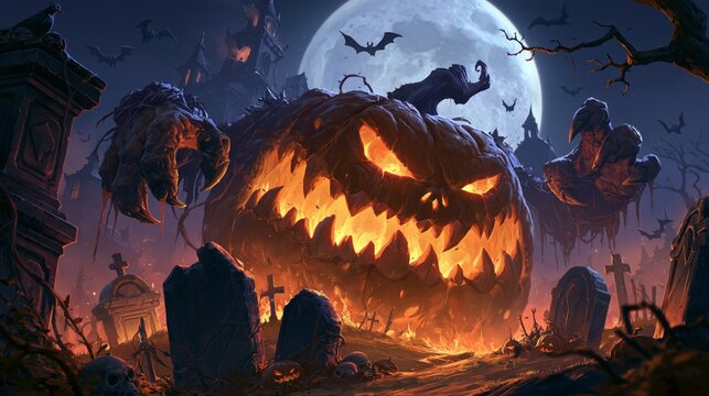 Giant Scary Pixel Art Pumpkin Jack O Lantern At Night In Graveyard With Full Moon Background