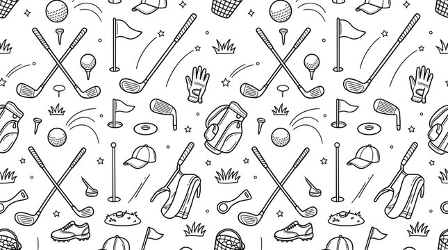 Golf seamless pattern vector background featuring cute hand drawn doodle icons of clubs balls bags shoes flags caps and grass on white
