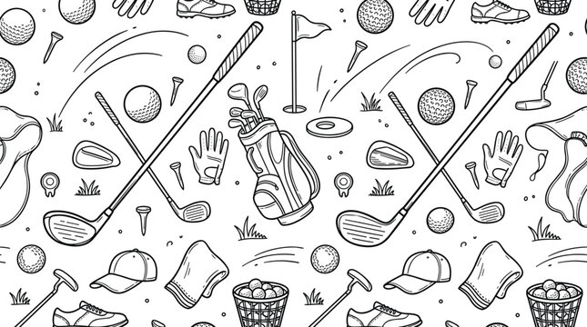 Golf seamless pattern vector background with cute hand drawn doodle equipment clubs bags balls flags gloves shoes and caps on white background