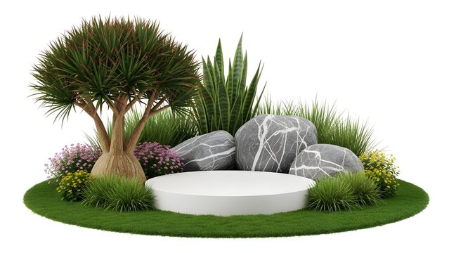 Small garden display stand with round stone platform and green plants for product