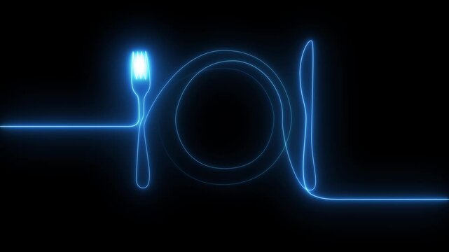 Neon one continuous line plate, khife and fork. neon glowing line