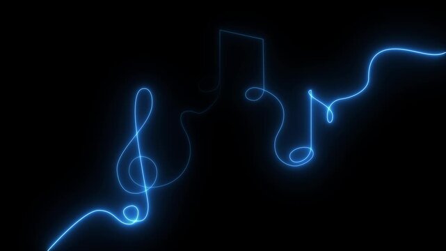 Neon glow continuous one line treble clef and notes, musical notes, A or La on transparent background
