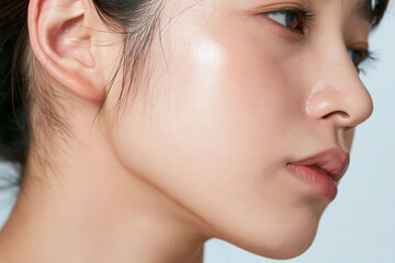 Obraz premium ツヤのある頬と輪郭を横から見せる日本人女性の美容スキンケアイメージ