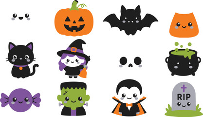 Obraz premium Cute Halloween Icon Set with Kawaii Characters and Objects