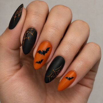 Close-up of trendy Halloween manicure with glossy orange and matte black nails