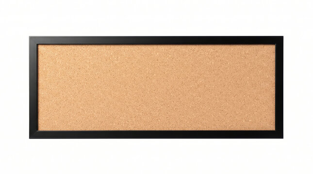 Panoramic cork board with black frame, wide corkboard bulletin surface for office notes, textured brown pin board isolated on white background