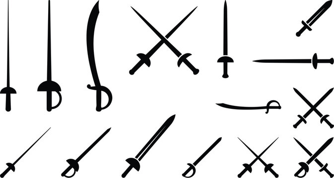 Sword silhouette vector icon set featuring fencing rapiers crossed sabres broadswords curved scimitars and ancient weapon blades isolated on white background