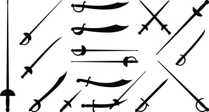 Sword silhouette vector icon set featuring crossed sabres fencing rapiers curved scimitars cutlasses and historical weapon blades isolated on white background