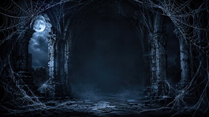 Fototapeta premium Dark gothic castle interior with spider webs and full moon shining through window. Creepy abandoned ruins with stone columns and fog.