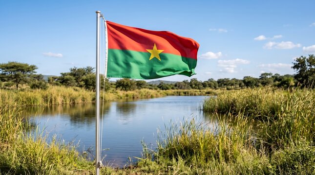National flag of Burkina Faso waving on silver pole over landscape with lake and trees