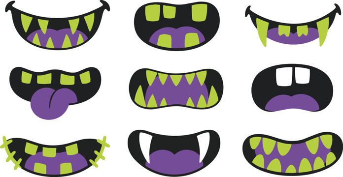 Cartoon monster mouths with sharp teeth and purple tongues set